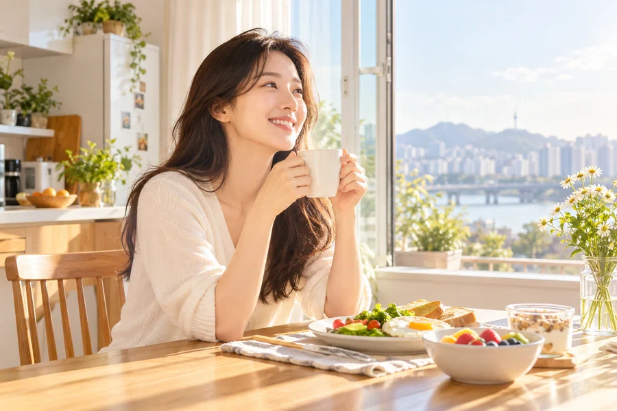 밝은 아침 식탁에서 차를 마시며 미소 짓는 여성
