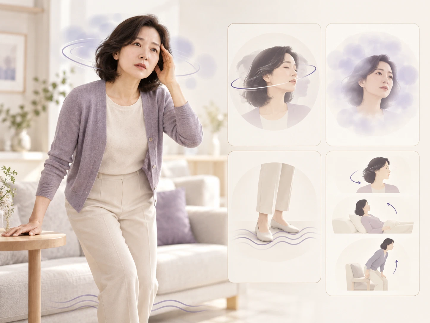 어지럼증 인포그래픽: 빙글빙글 도는 느낌, 머리가 멍하고 붕 뜨는 느낌, 바닥이 흔들리는 불안정감, 고개를 돌리거나 눕고 일어설 때 나타나는 어지럼
