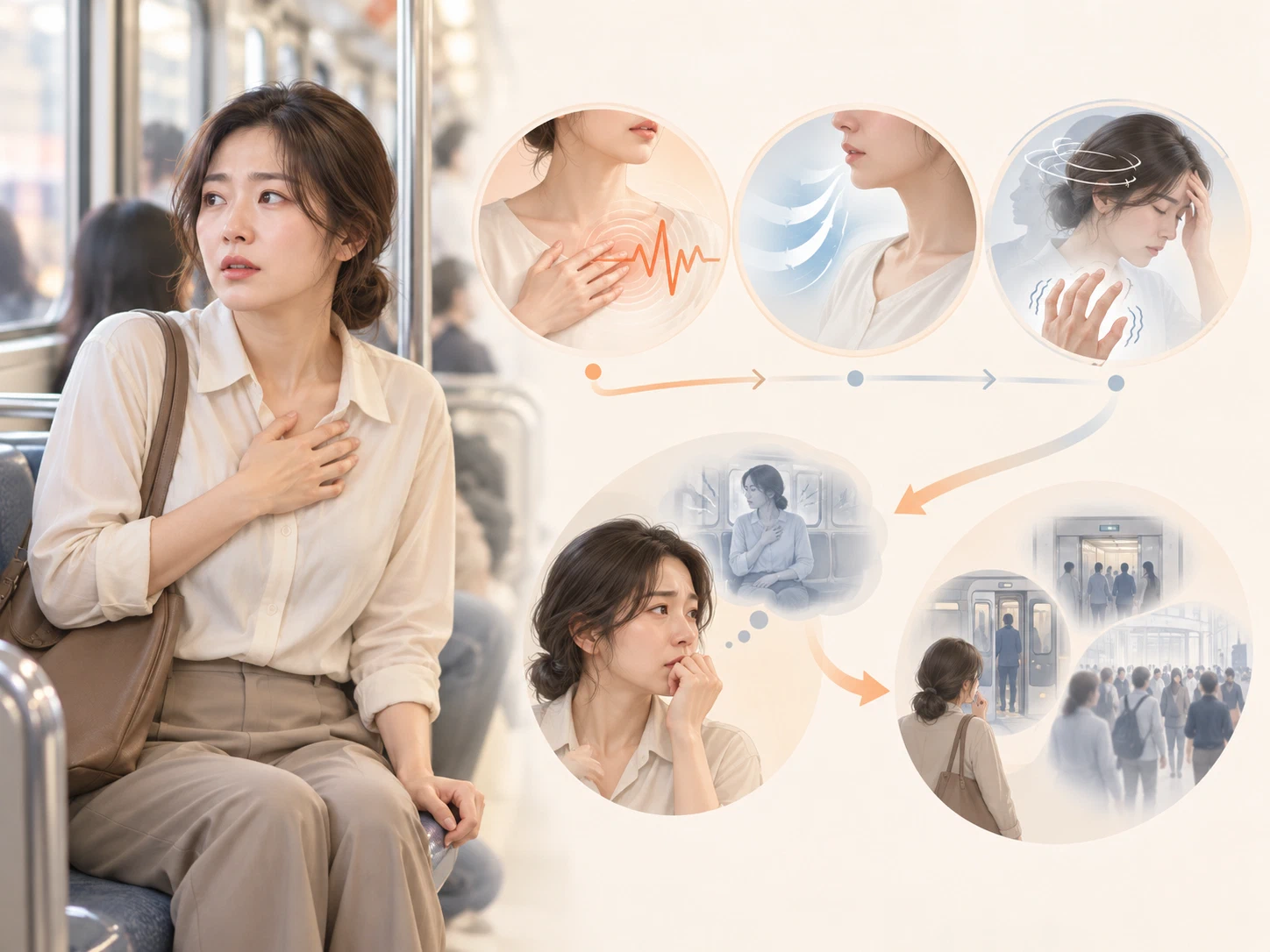 공황장애 인포그래픽: 지하철에서 갑자기 찾아온 두근거림, 숨 막힘, 어지러움과 손 떨림, 이후 다시 발작이 올까 걱정하는 예기불안과 지하철·엘리베이터·사람 많은 곳을 피하는 모습