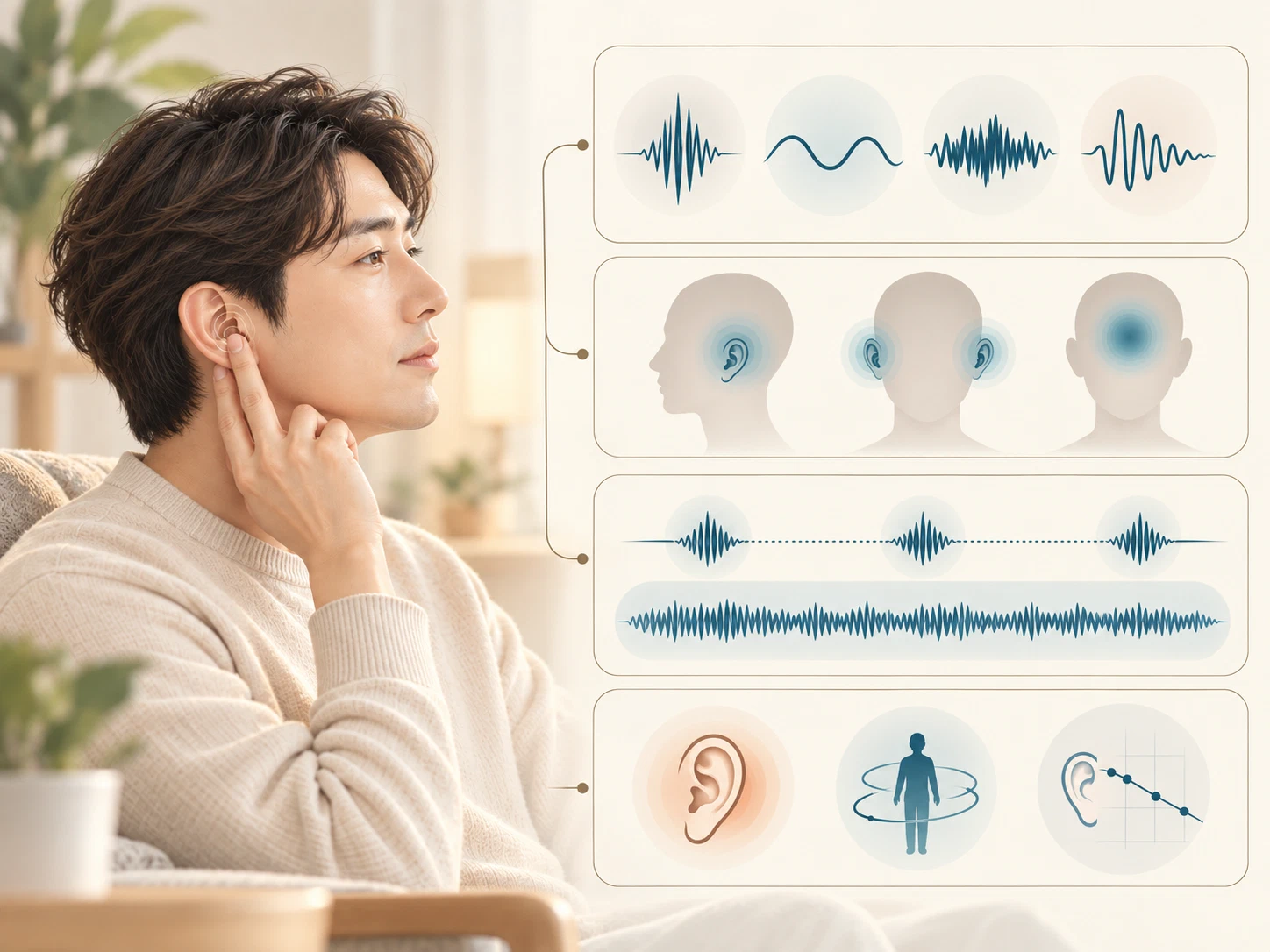 이명 인포그래픽: 사람마다 다른 소리의 형태, 한쪽 귀·양쪽 귀·머릿속 등 들리는 위치, 간헐적이거나 계속되는 지속 양상, 귀 먹먹함·어지럼·청력 변화 같은 동반 증상