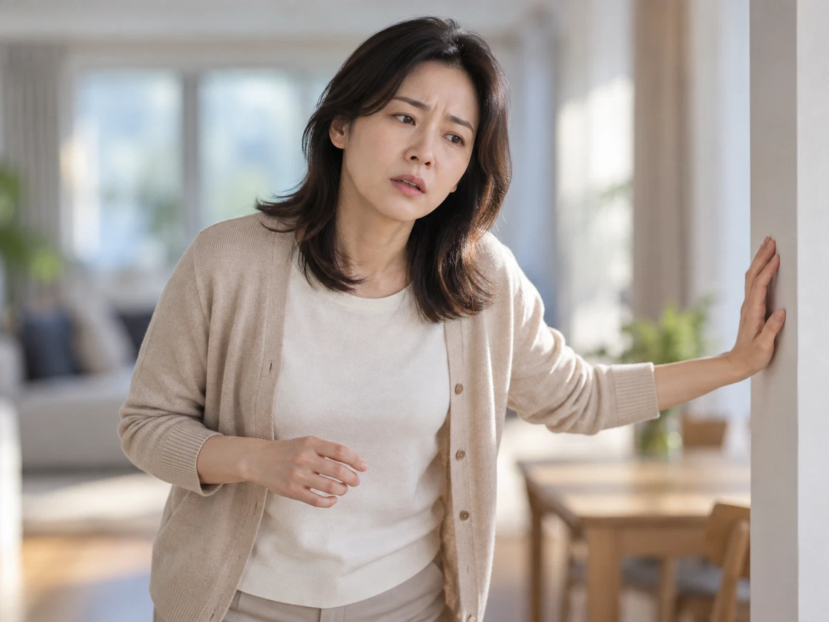 어지러움에 벽을 짚고 몸을 지탱하는 성인 여성