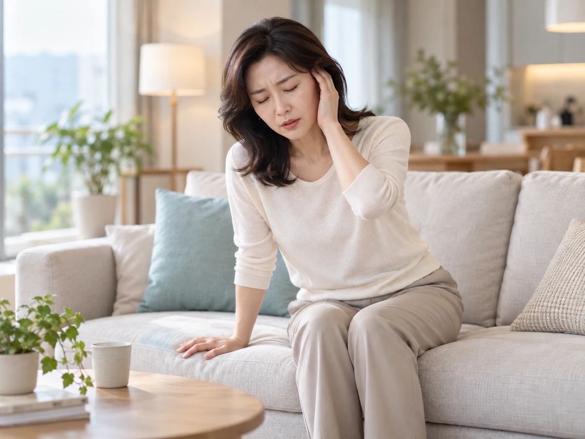 소파에 앉아 귀를 감싸며 어지러움을 견디는 성인 여성