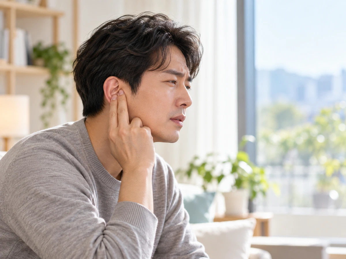 귀에 손을 대고 소리에 신경 쓰는 성인 남성
